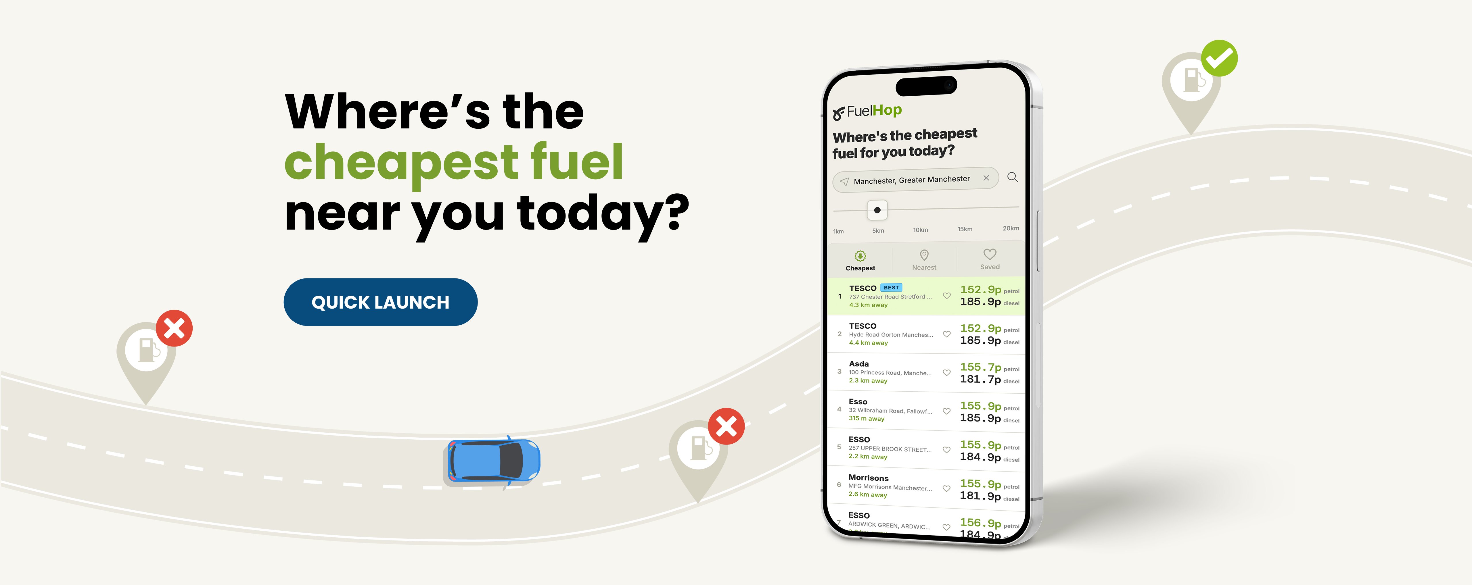 Where's the cheapest fuel near you today — FuelHop shows live petrol and diesel prices