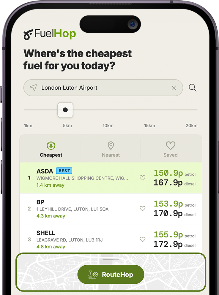 FuelHop app showing a ranked list of nearby fuel stations with live prices