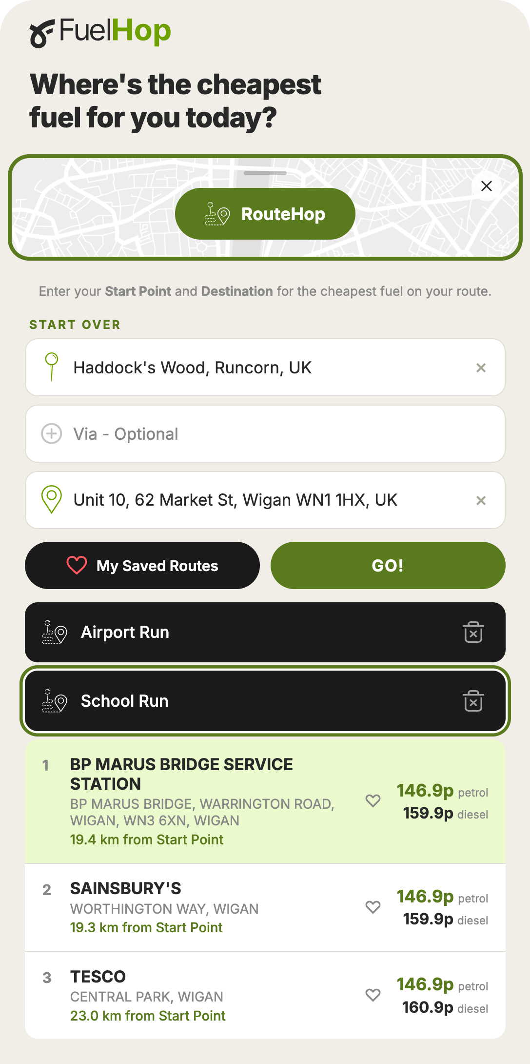 RouteHop showing the three cheapest fuel stations along a saved route